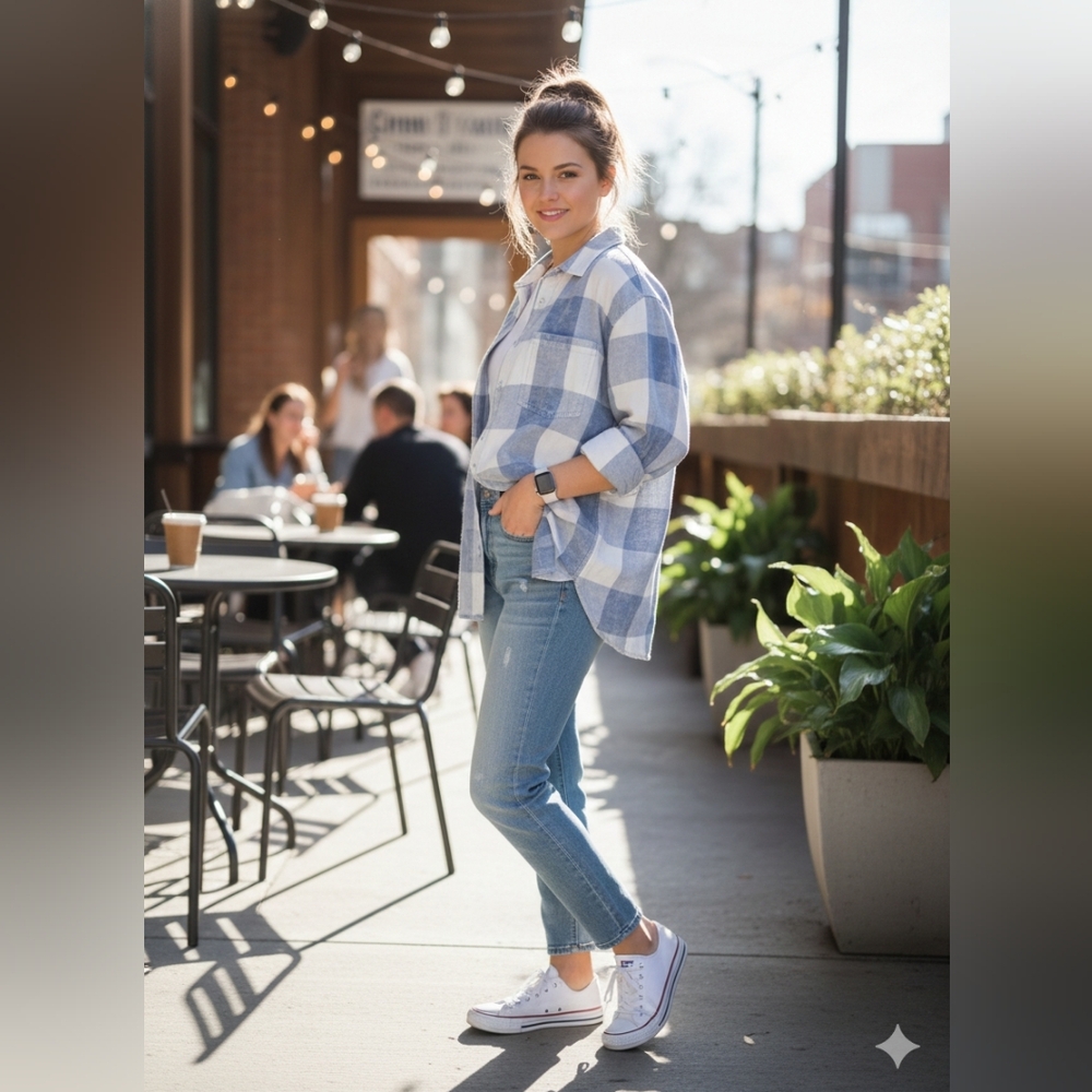 Elegant Blue and White Women's Button Down Shirt